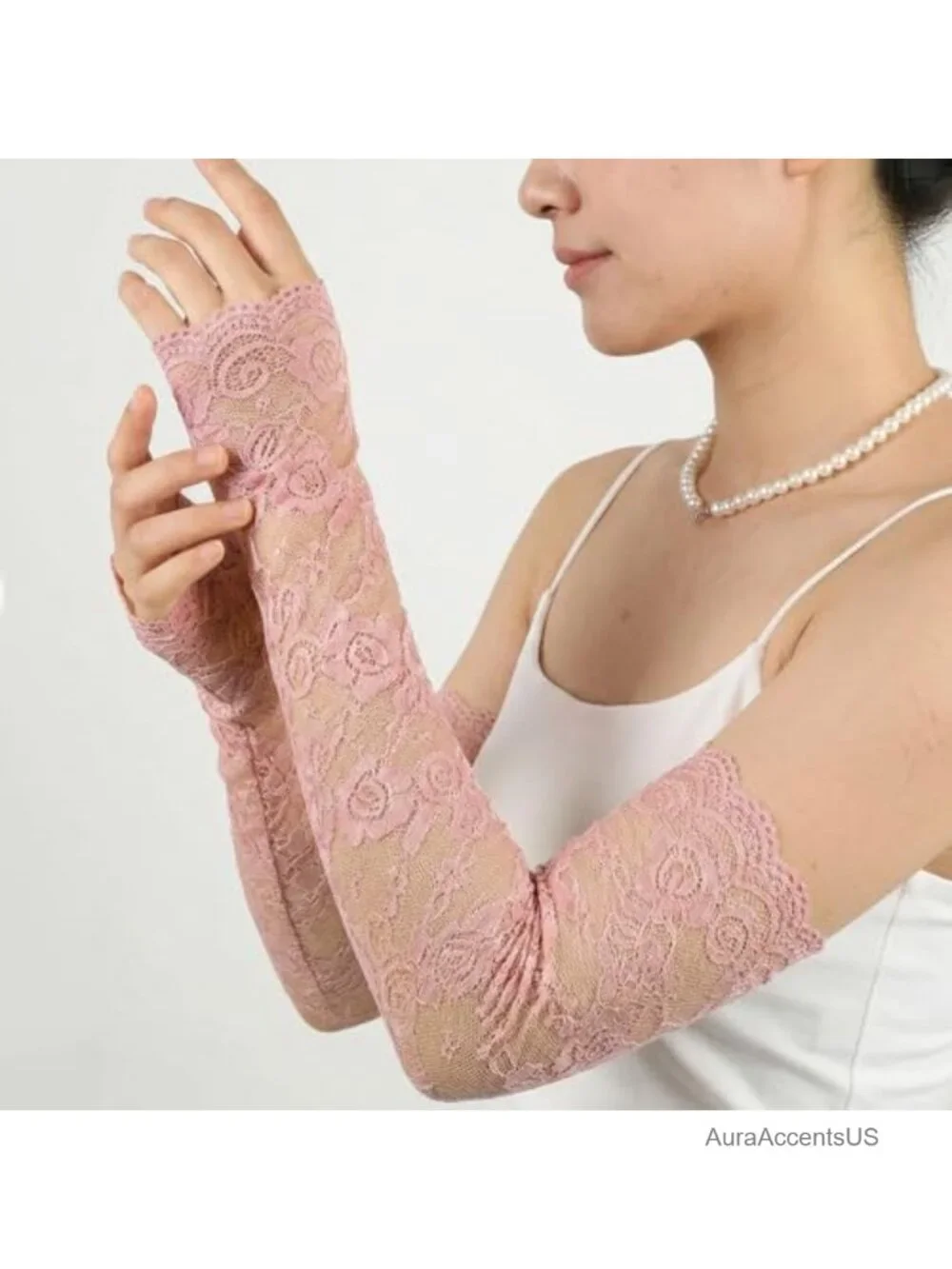 Lace Fingerless Arm Sleeves Women Elbow Length Floral Stretchy
